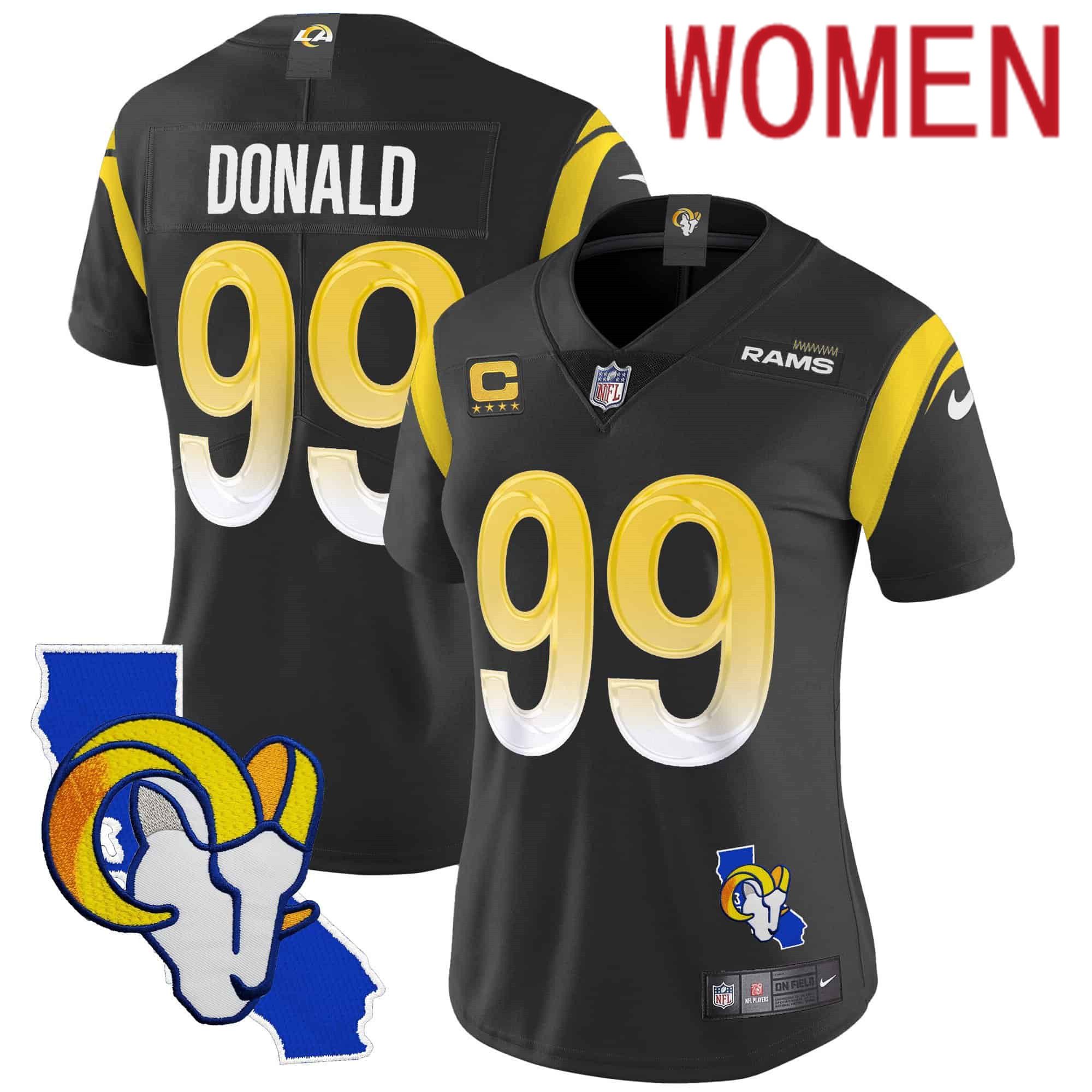 Women Los Angeles Rams 99 Donald Black 2024 Nike California Patch Vapor Limited NFL Jersey style 1